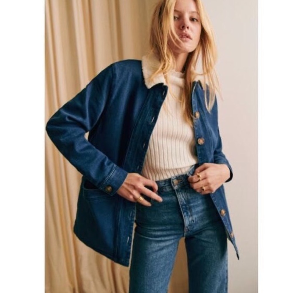 Sezane Will Forever Jacket Indigo Denim Faux Shearling Lined Chore Jacket Size S